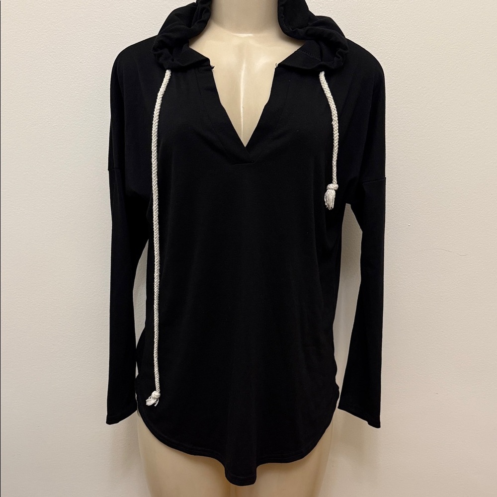 Black Hoodie with White Drawstrings